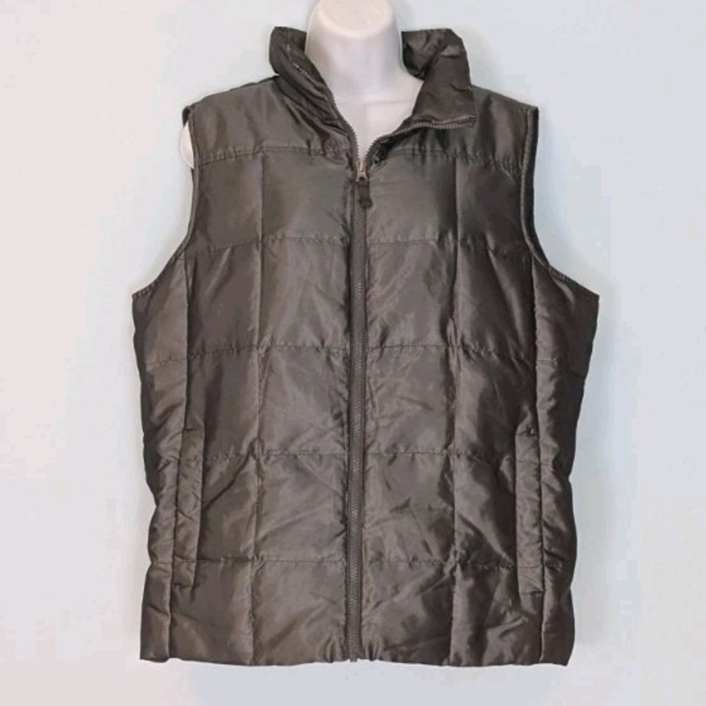 Lands End Quilted Puffer Vest Women's Large Dark Gray Pockets Down Insulated